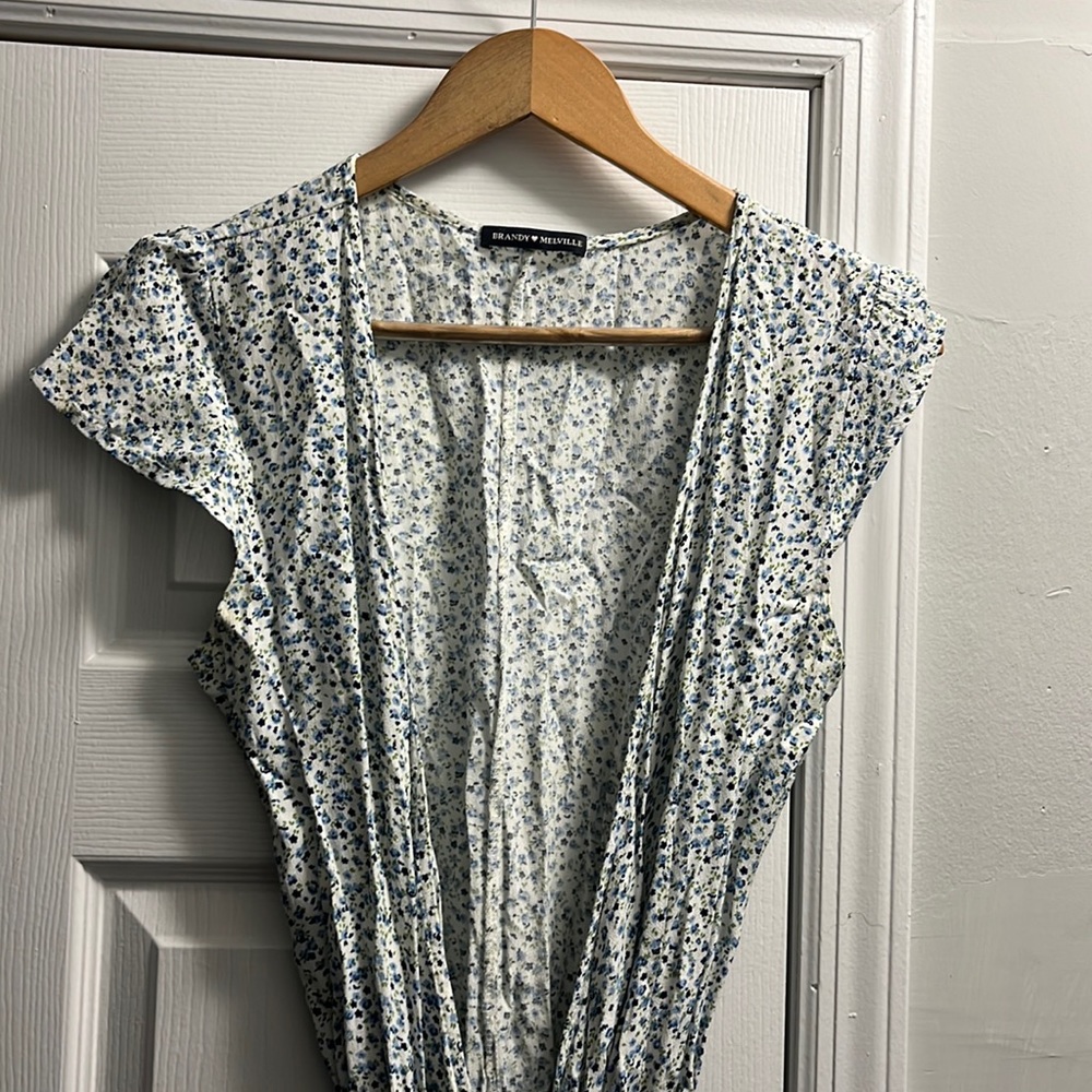 Brandy Melville White midi wrap dress with blue and green floral